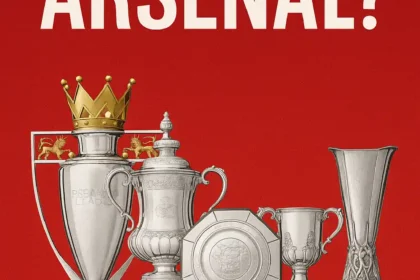Ilustrasi piala Arsenal dengan latar merah dan tulisan "Berapa Piala Arsenal?"