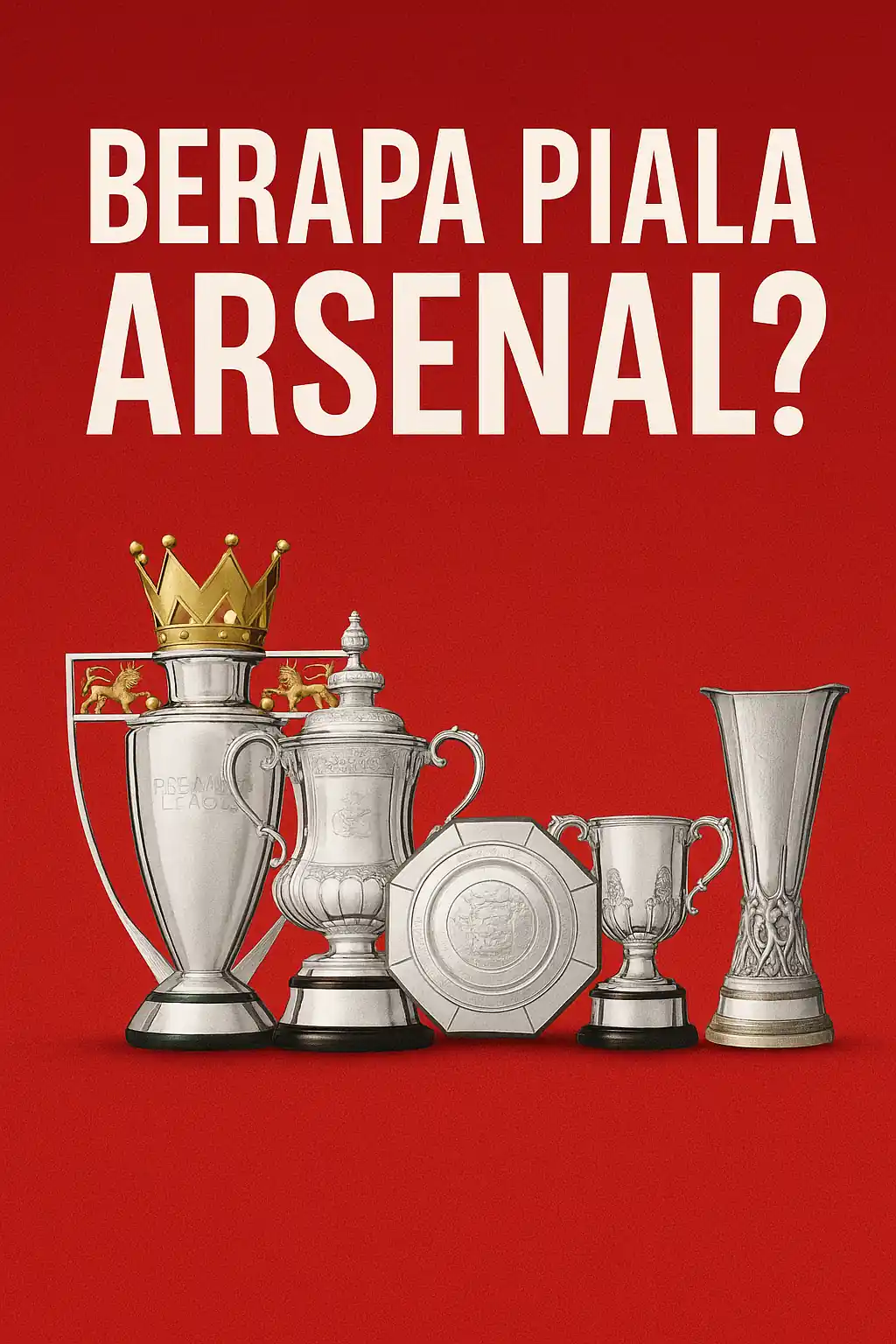 Ilustrasi piala Arsenal dengan latar merah dan tulisan "Berapa Piala Arsenal?"