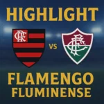 Poster highlight Flamengo vs Fluminense dengan nuansa pertandingan penuh tensi.
