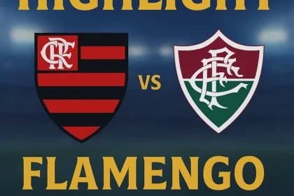 Poster highlight Flamengo vs Fluminense dengan nuansa pertandingan penuh tensi.