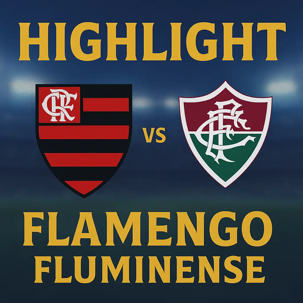 Poster highlight Flamengo vs Fluminense dengan nuansa pertandingan penuh tensi.