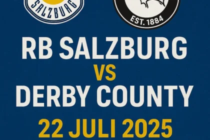 Poster pertandingan RB Salzburg vs Derby County yang menampilkan logo kedua tim, jadwal laga 22 Juli 2025, jam kick-off 21.00, dan lokasi Red Bull Arena.
