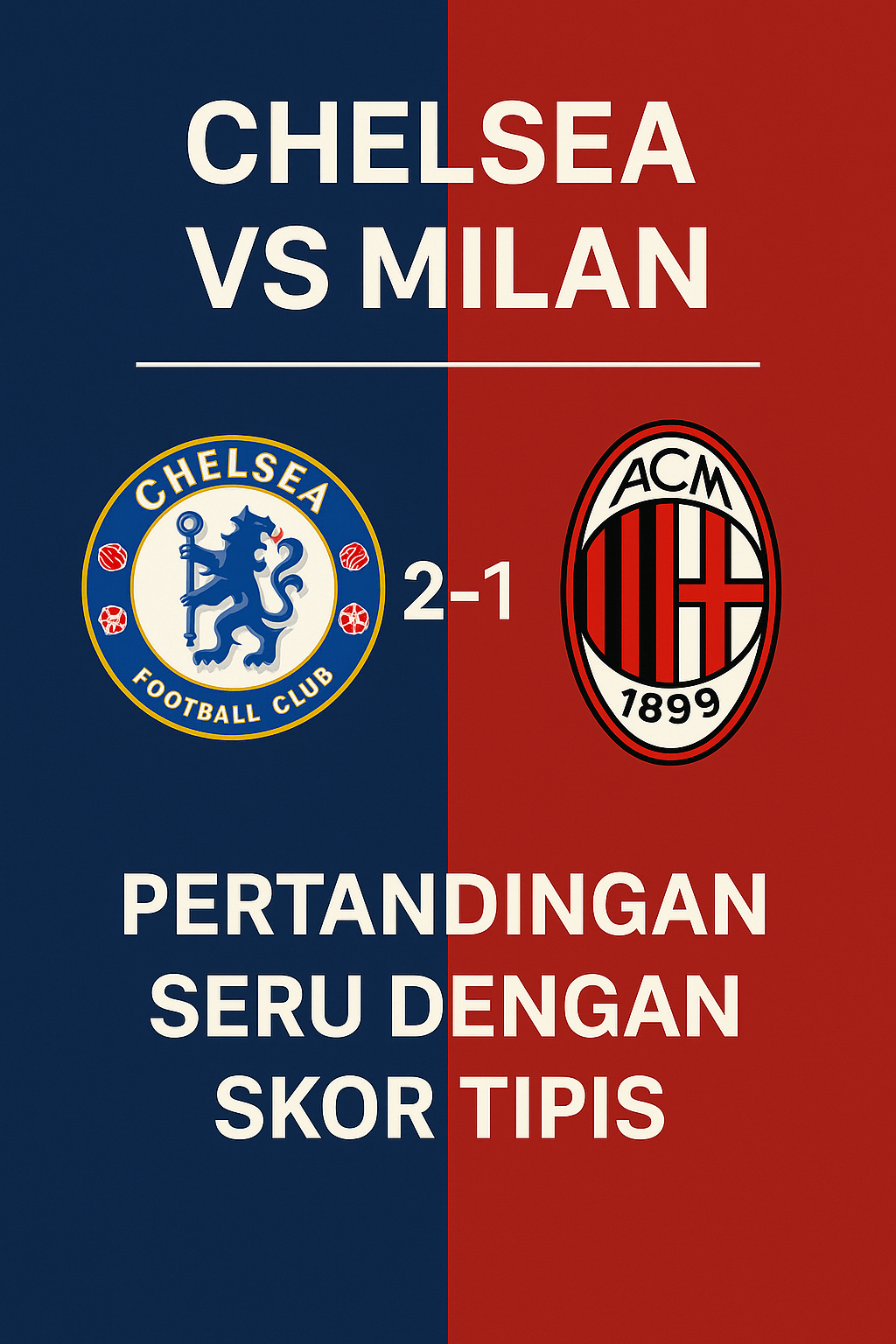 Poster hasil Chelsea vs Milan skor 2-1 dengan logo kedua tim.