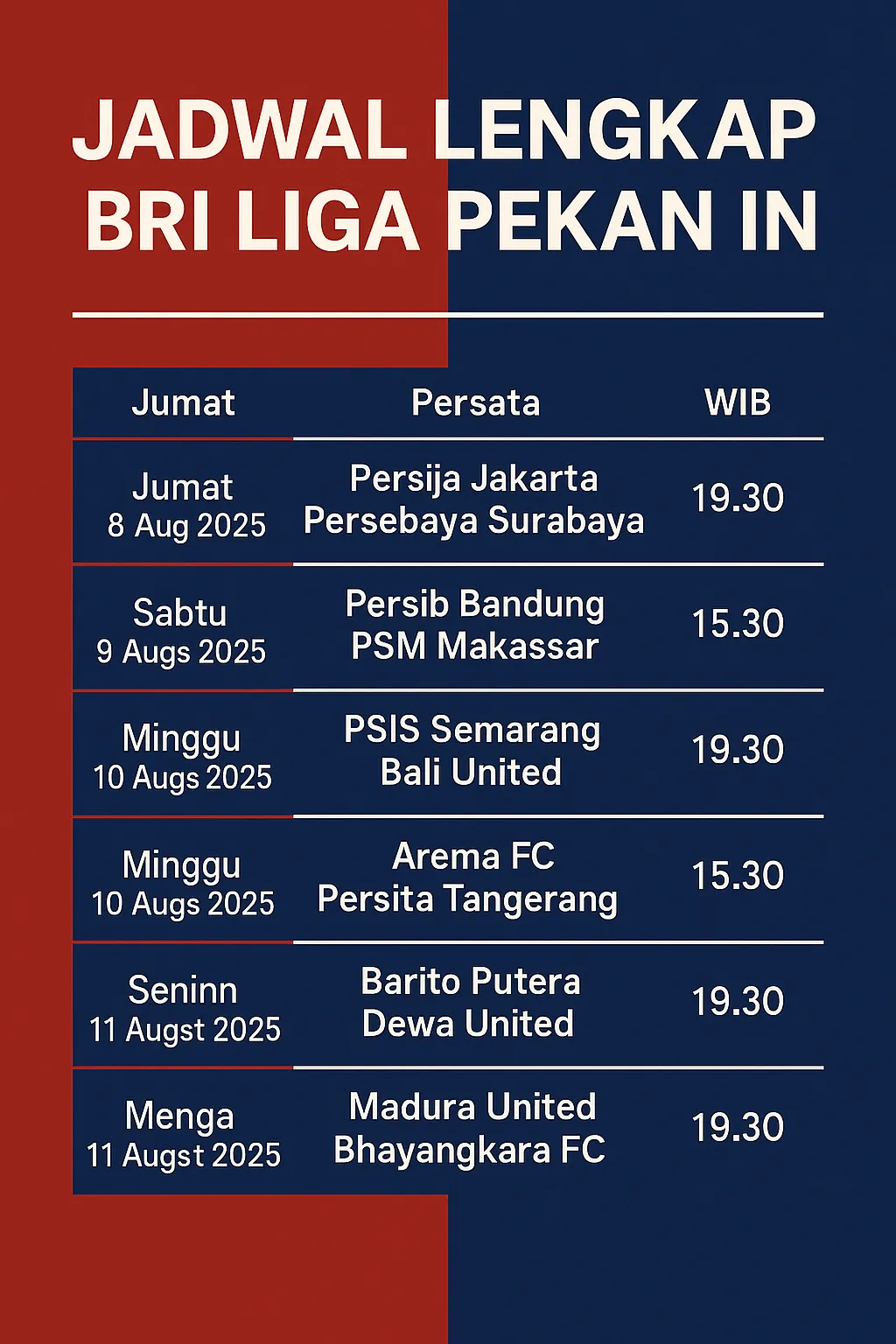 Jadwal lengkap BRI Liga pekan ini dengan tanggal, tim, dan jam kick-off.
