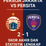 Poster hasil Persija Jakarta vs Persita skor 2-1 dengan logo tim.