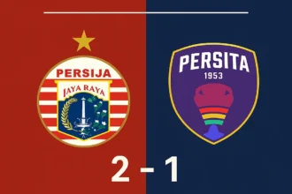 Poster hasil Persija Jakarta vs Persita skor 2-1 dengan logo tim.