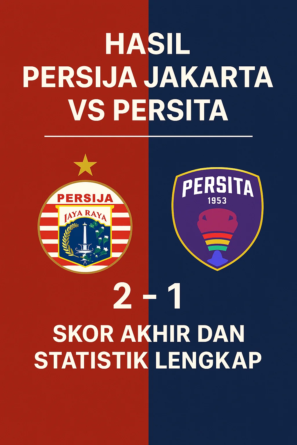 Poster hasil Persija Jakarta vs Persita skor 2-1 dengan logo tim.