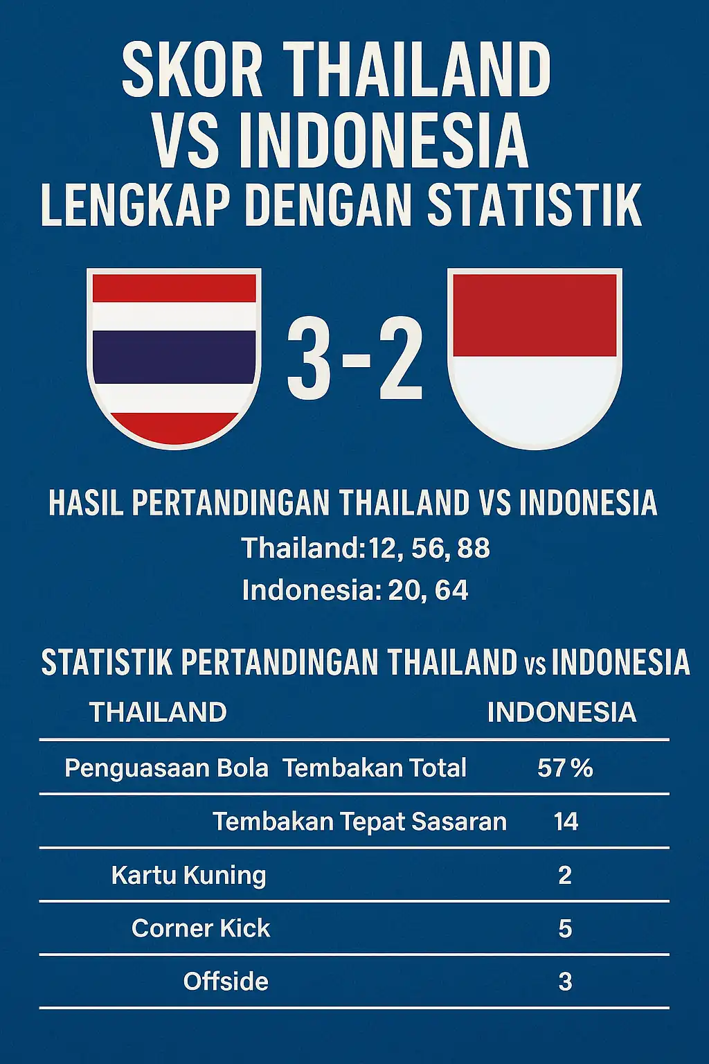 Skor Thailand vs Indonesia 3-2 dengan statistik lengkap